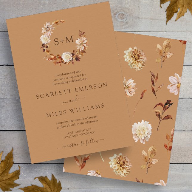 Convite Dourada queda Terracotta Monograma Wreath Casament (Gold Fall Terracotta Monogram Wreath Wedding Invitation
)