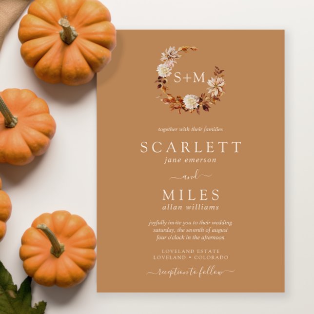 Convite Dourada queda Terracotta Monograma Wreath Casament (Gold Fall Terracotta Monogram Wreath Wedding Invitation
)