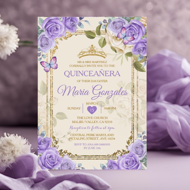Convite Dourada Quinceañera Coroa Roxa Borboleta Mexicana (Criador carregado)