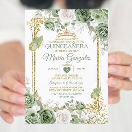 Convite Dourada Quinceañera Sage Borboleta Verde