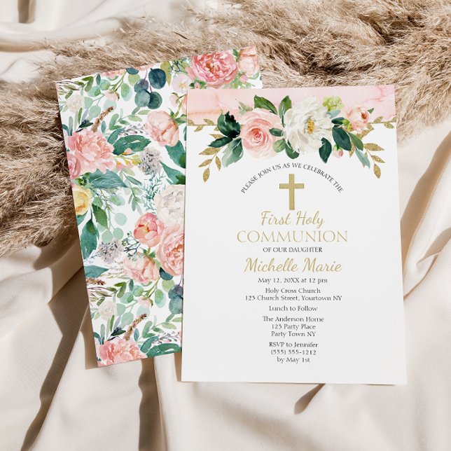 Convite Dourada rosa Cruz Floral Primeira Santa Menina Com (Criador carregado)