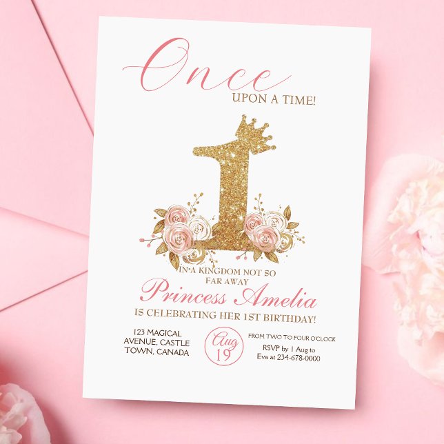 Convite Dourada rosa Festa de aniversário princesa primeir (Criador carregado)