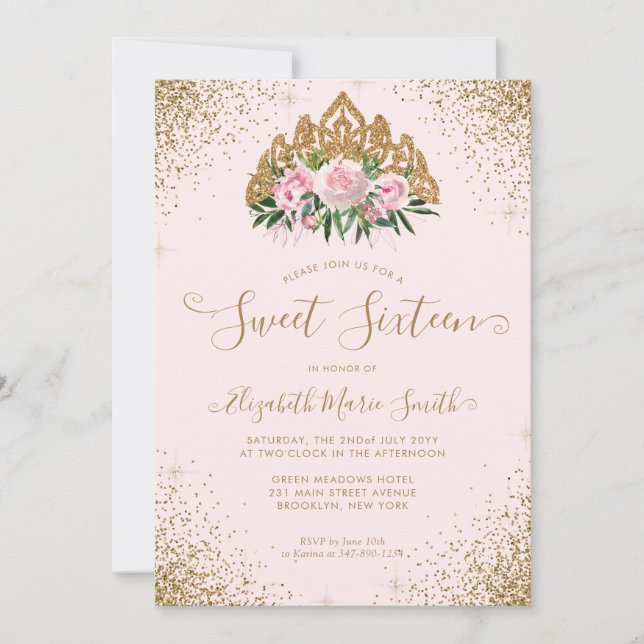 Convite Dourada Rosa Floral Tiara Sweet 16 Aniversário (Frente)