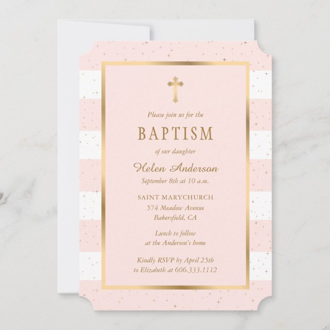 Convite Dourada Rosa Moderna Estende Menina Batismo (Frente)