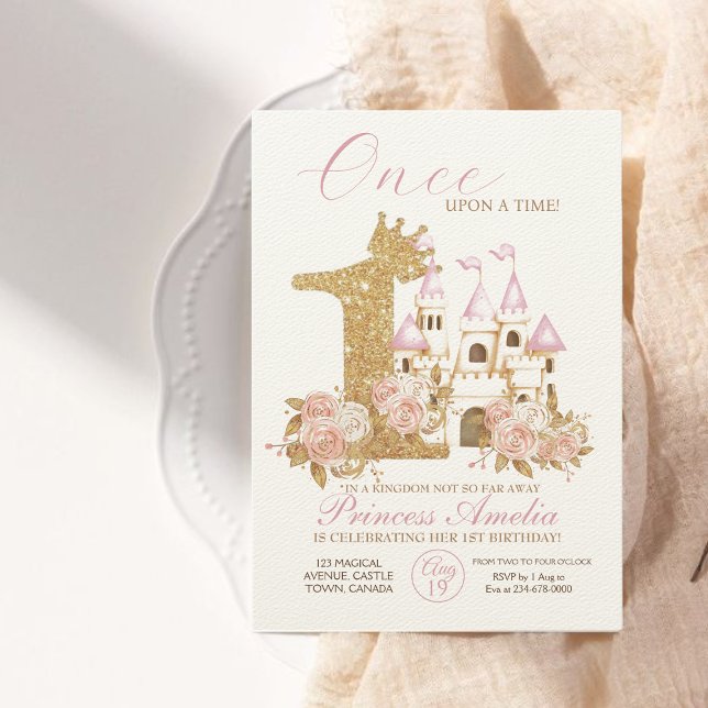 Convite Dourada rosa primeiro aniversario da Princesa do C (Criador carregado)