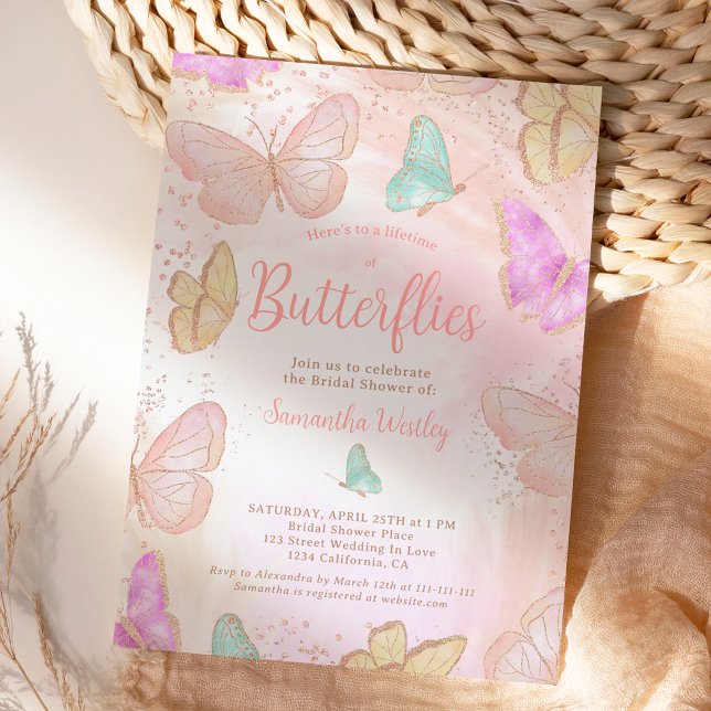 Convite Dourada rosa Vida do chá de panela das borboletas (Gold pink Lifetime of butterflies bridal shower Invitation)