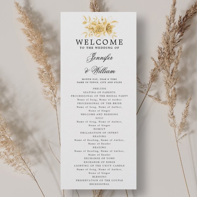 Convite Dourada Script Floral do Programa de Casamento Ele (Elegant Wedding Program Gold Floral Script )