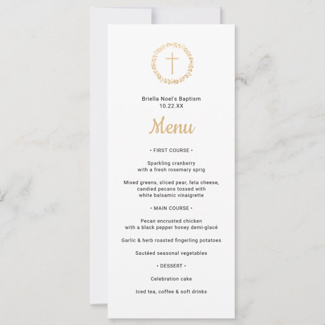 Convite Dourada simples com menu Cross Baptism (Frente)