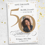 Convite Dourada Surpresa 50º Aniversário Salvar a Data<br><div class="desc">Dourada Surpresa 50º Aniversário Salve O Convite De Data. Um convite especial para comemoração de aniversário, elegantemente desenhado, com uma foto personalizada de pessoa de aniversário e caligrafia com elementos florescentes de vintage. Simples o suficiente para ajustado de uma variedade de temas e cores! Precisa de ajuda? Basta entrar em...</div>