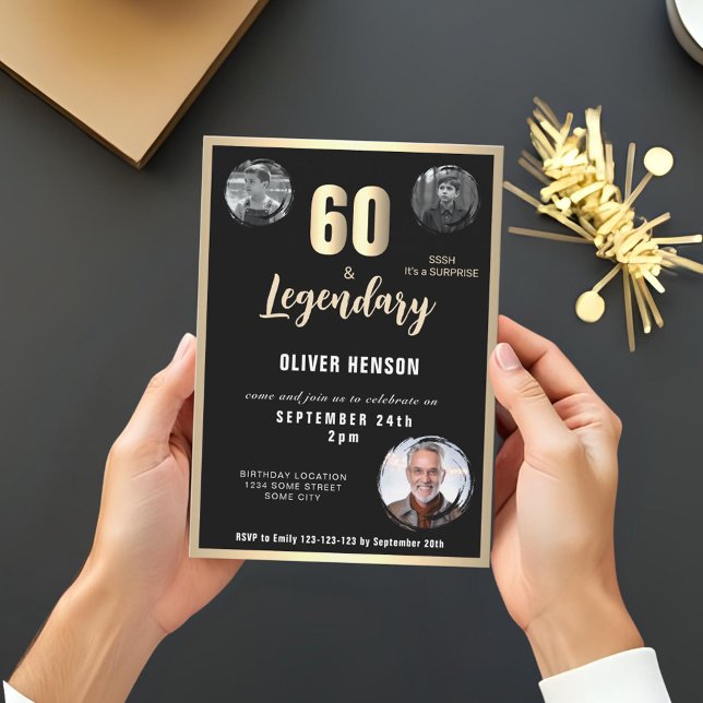 Convite Dourada Surpresa Metálica 3 Foto 60º Aniversário (Criador carregado)