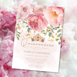 Convite Dourada Tiara Blush - Quinceañera Floral Rosa Eleg
