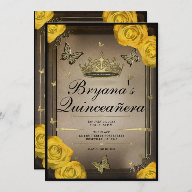 Convite Dourada Tiara Borboletas Amarelas Rosas Quinceañer (Frente/Verso)