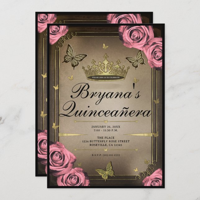Convite Dourada Tiara Borboletas Rosas Rosa Quinceañera (Frente/Verso)