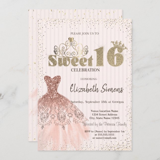 Convite Dourada Tiara,Confetti,Vestido,Docinho 16 (Frente/Verso)