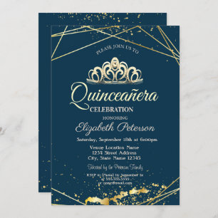 Convite Dourada Tiara, Marinho de Quinceañera Azul