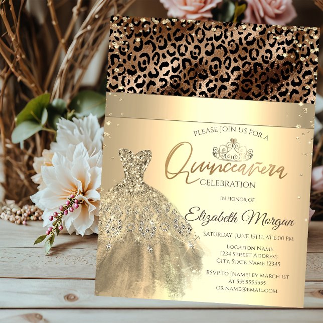 Convite Dourada Tiara, vestida Leopard Imprime Quinceañera (Criador carregado)