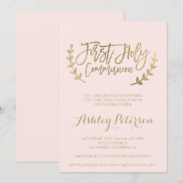 Convite Dourada tipografia cor-de-rosa Primeira Comunhão S