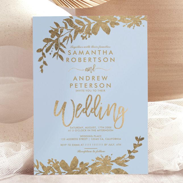 Convite Dourada tipografia folha azul floral (Gold typography leaf floral teal blue wedding invitation)