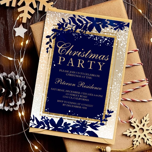 Convite dourada tipografia folha azul neve elegante Natal (gold typography blue leaf snow elegant Christmas Invitation)