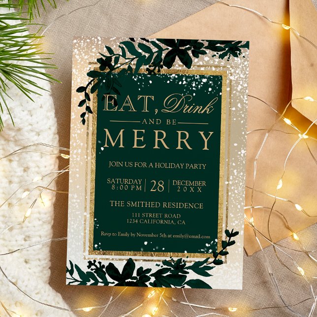 Convite dourada tipografia folha neve elegante no Natal (gold typography leaf snow elegant eat Christmas Invitation)