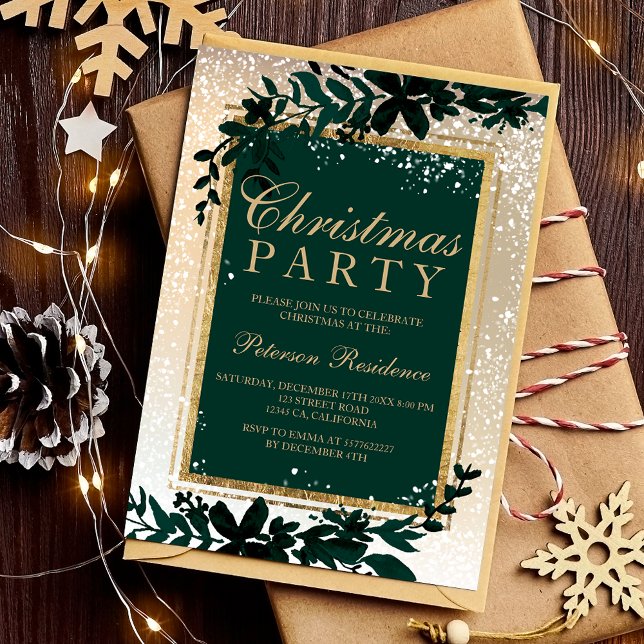 Convite dourada tipografia folha neve elegante verde Natal (gold typography leaf snow elegant green Christmas Invitation)