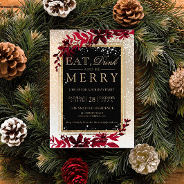 Convite dourada tipografia folha neve vermelha no Natal