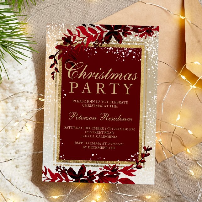 Convite dourada tipografia folha vermelha neve elegante Na (gold typography red leaf snow elegant Christmas Invitation)