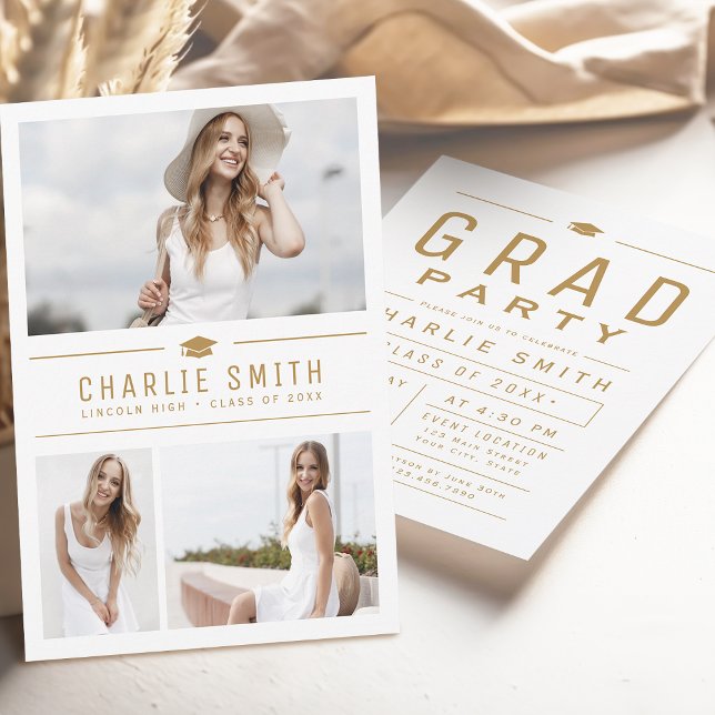 Convite Dourada Tipografia Moderna 3 Festa de formatura de (Gold Modern Typography 3 Photo Graduation Party Invitation)