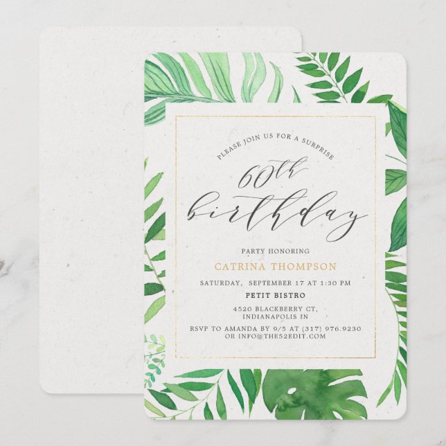Convite Dourada Tropical Green 60th Surprise Festa de aniv (Frente/Verso)