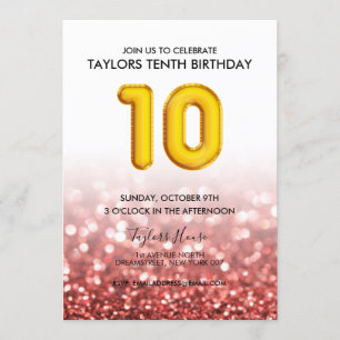 Convite Dourada Vermelha Balão Vermelho 10ª Festa de anive