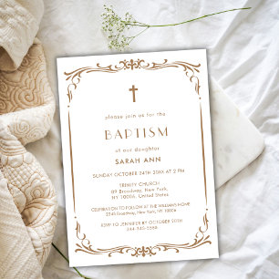 Convite Dourada Vintage Frame Baptism Christening Cross
