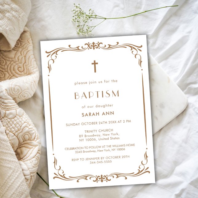 Convite Dourada Vintage Frame Baptism Christening Cross (Gold Vintage Frame Baptism Christening Cross Invitation)