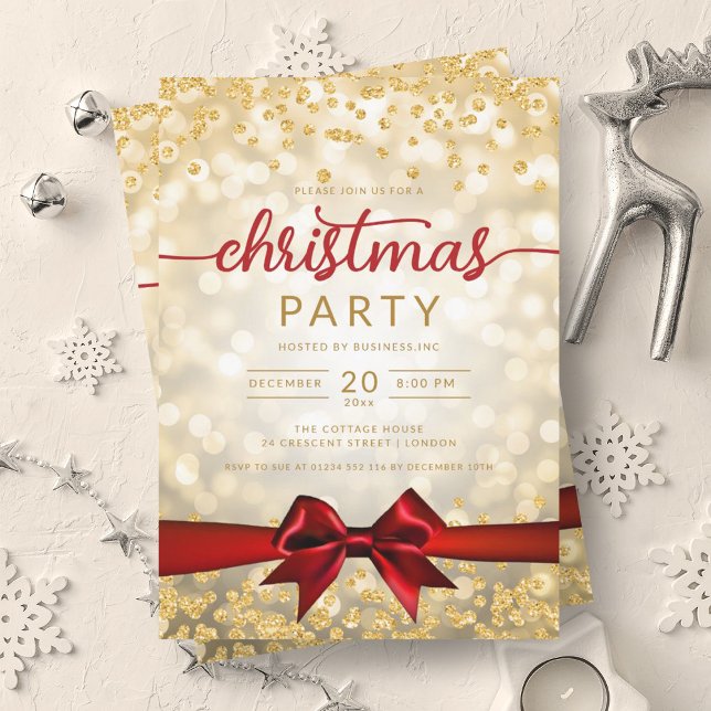 Convite Dourada Winter Glam Company Xmas Red Ribbon (Gold Winter Glam Company Xmas Red Ribbon Invitation)