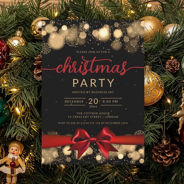 Convite Dourada Winter Wonderland Company Xmas Red Ribbon (Gold Winter Wonderland Company Xmas Red Ribbon Invitation)