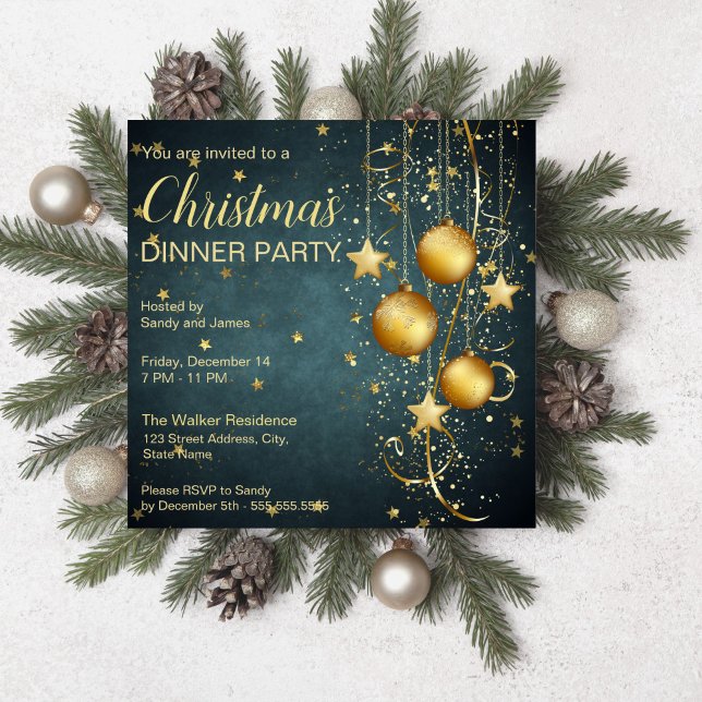Convite Douradas bolhas e estrelas verde-escuro Natal (Gold baubles and stars dark teal green Christmas Invitation starry night christmas party invitation )