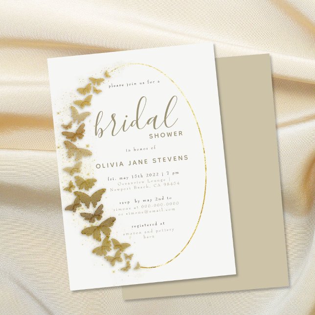 Convite Douradas borboletas Elegante Chá de panela de quad (gold butterflies bridal shower invitation bohemian romantic frame elegant boho modern simple trendy)