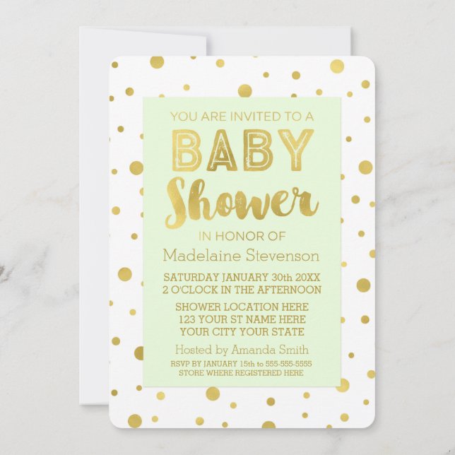 Convite Douradas Confetti Mint Green Baby Shower (Verso)