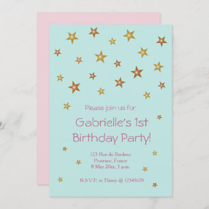 Convite Douradas estrelas cor-de-rosa turquesa doce Aniver
