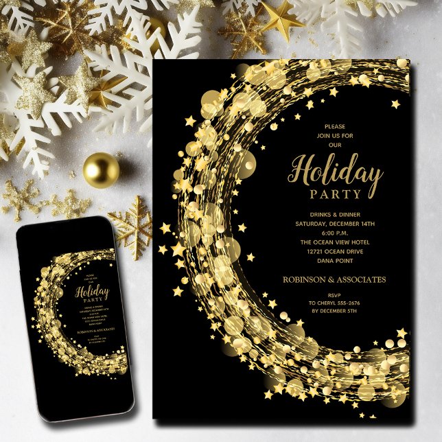 Convite Douradas estrelas no Natal Negro (Gold Stars Christmas Holiday Invitations - INSTANT DOWNLOAD and/or PRINTED)