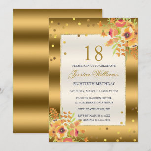 Convite Douradas Flores de Confetti e Canto 18º Aniversá