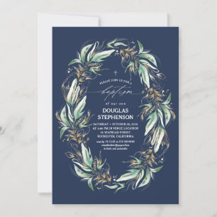 Convite Douradas Folhas Verde Marinho Batismo Azul