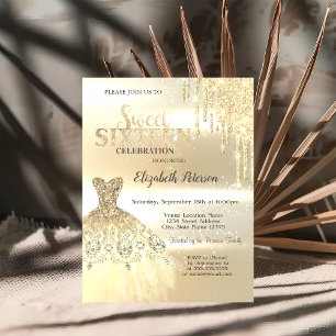 Convite Douradas Glitter Drips, Dress Sweet 16