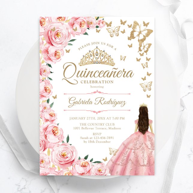 Convite Douradas rosas rosa Borboletas Quinceanera (Criador carregado)