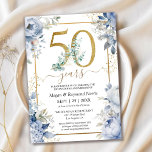 Convite Dourado 50º aniversário de casamento Dusty Blue Fl<br><div class="desc">Celebre 50 anos de amor com o nosso elegante "Dourado 50º aniversário de casamento Dusty Blue Floral Invitation!" Perfeito para uma festa memorável de ouro. Ordene seu dia de hoje e faça sua celebração realmente especial! Note-se que os efeitos Dourados de brilho são apenas simulados; não será usado ouro real...</div>