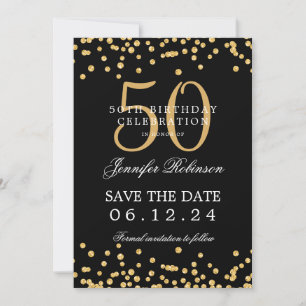 Convite Dourado 50º Aniversário Negro Salve a Data Confett