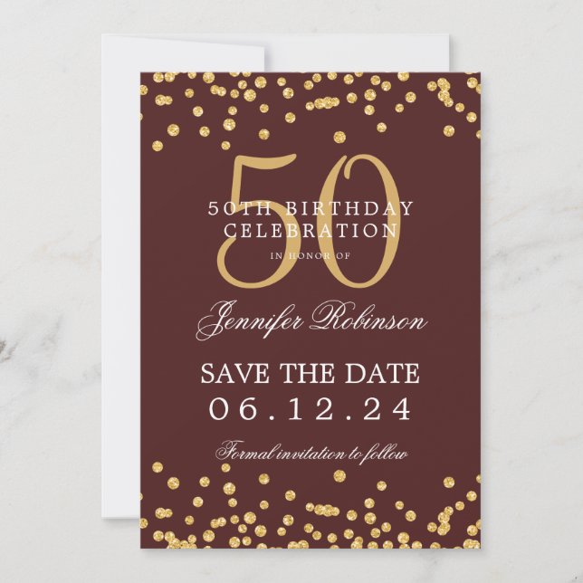 Convite Dourado 50º aniversário Salve a Data da Borgonha C (Frente)
