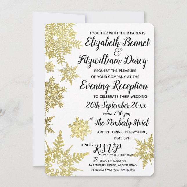 Convite Dourado à Noite Flocos de Neve (Verso)