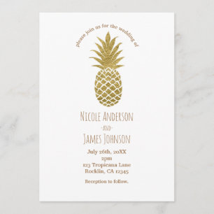Convite Dourado Abacaxi Branco Moderno Chic Tropical Casam