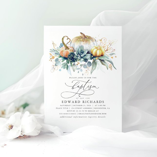 Convite Dourado Abóboras e Suculentes Caiu Batismo Verde (Pumpkins Greenery Baptism Invitations)