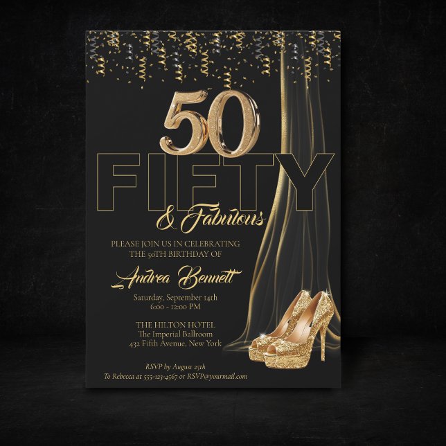 Convite Dourado alto salto negro elegante 50 fabuloso aniv (50th birthay gold high heels elegant and luxury celebration.)